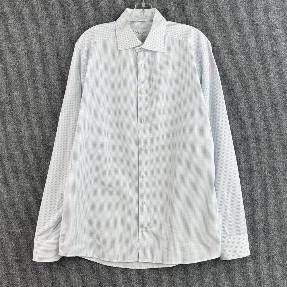 Eton Dress Shirt Men's 16 41 Slim White Blue Geometric 100% Cotton Sweden
